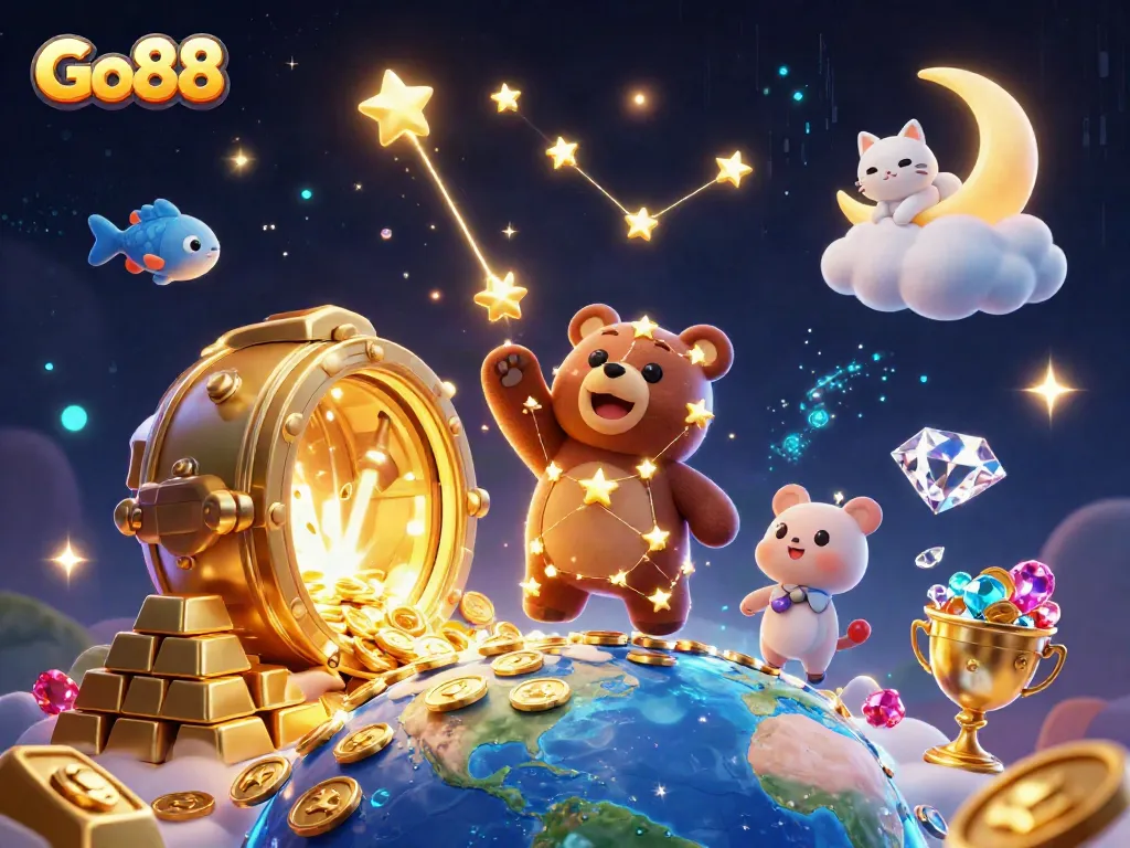 Go88 sparks excitement as stars, a bear, and treasure bring casino thrills to life.