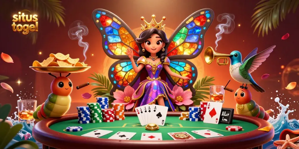Situs togel illustration featuring a butterfly queen and poker elements, capturing casino energy.