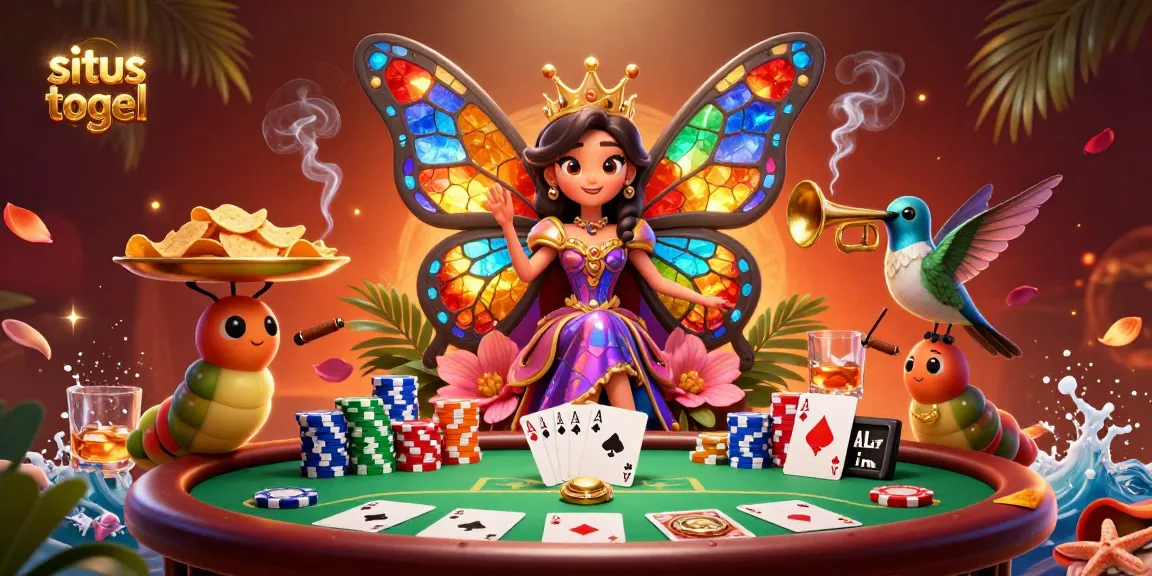 Situs togel illustration featuring a butterfly queen and poker elements, capturing casino energy.