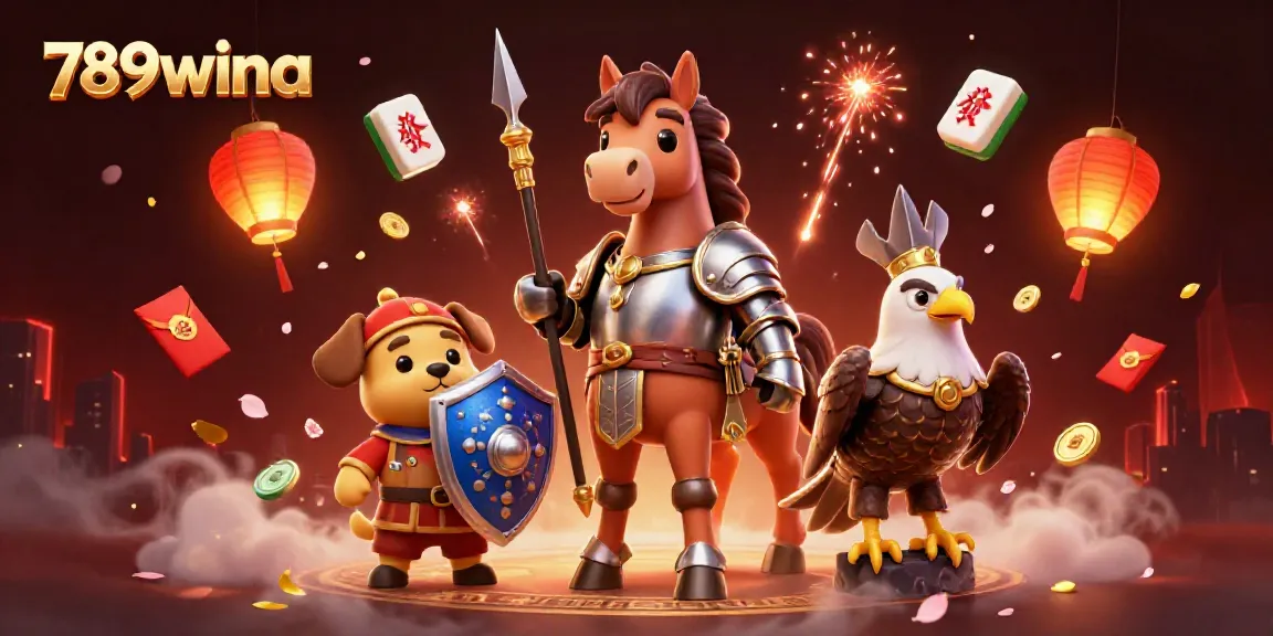 Witness the fun at 789wina with a vibrant scene showcasing a knight, puppy, and falcon amidst colorful gambling elements.