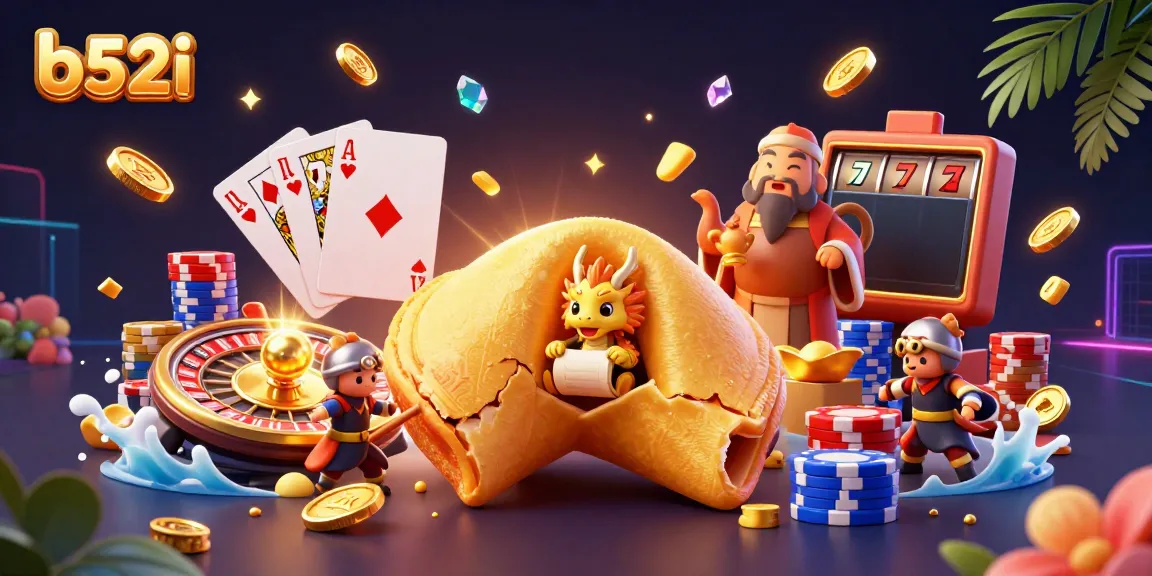 Experience thrilling fun with b52i's vibrant casino scene featuring a golden fortune cookie and flying coins.