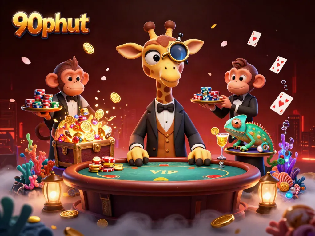 90phut high-roller giraffe at a VIP poker table amidst floating playing cards and gold coins