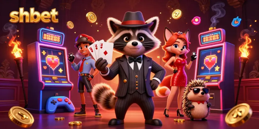 Experience SHBET's vibrant online casino with raccoon, fox, and hedgehog amid flashy slot machines.