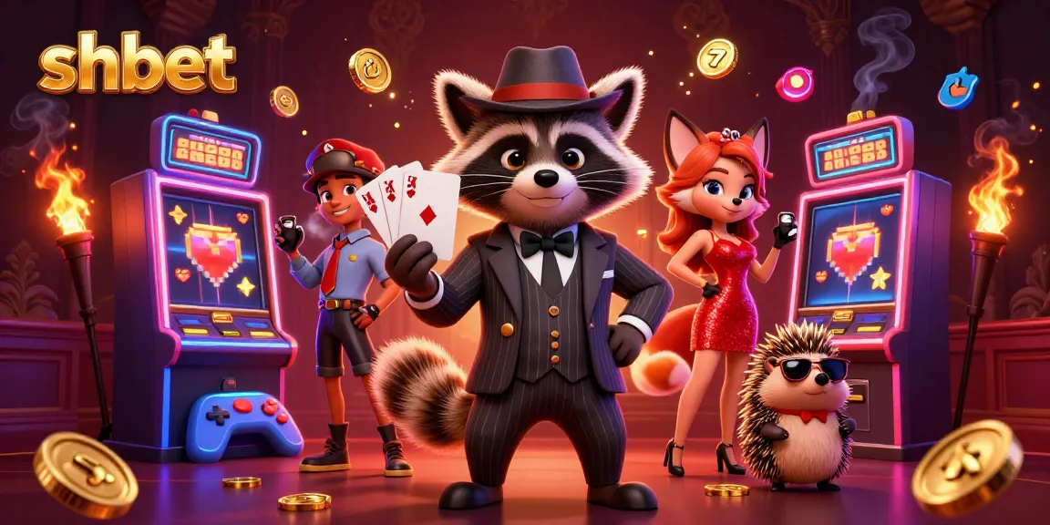 Experience SHBET's vibrant online casino with raccoon, fox, and hedgehog amid flashy slot machines.