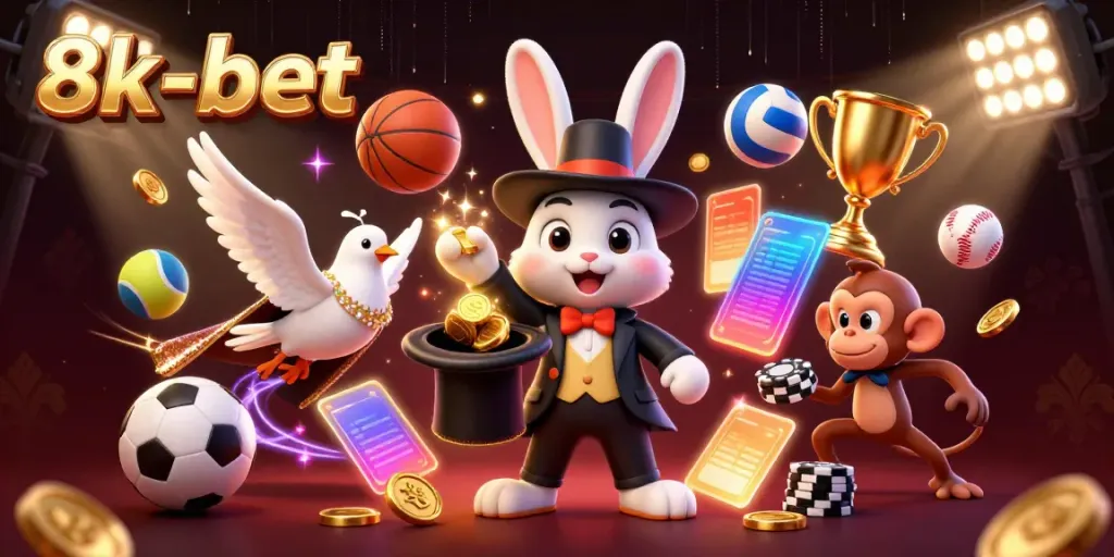 Experience thrilling action at 8k-bet, where a magician rabbit conjures coins amid vibrant casino elements.