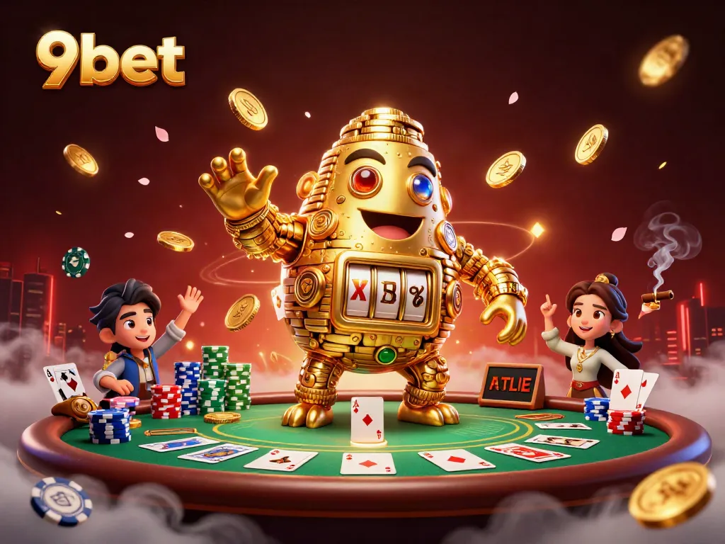 Engage in winning strategies with 9bet's vibrant golden golem and poker scene.
