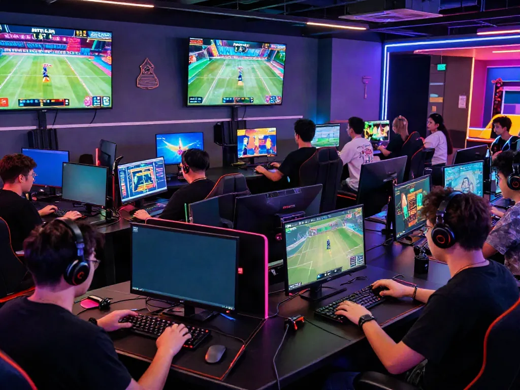 Dynamic online gaming scene showcasing players enjoying HITCLUB's variety of games, including vibrant digital elements and a lively atmosphere.
