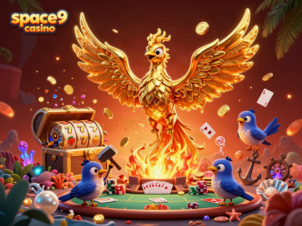 Experience the excitement of space9 casino with a molten golden phoenix and vibrant game elements.