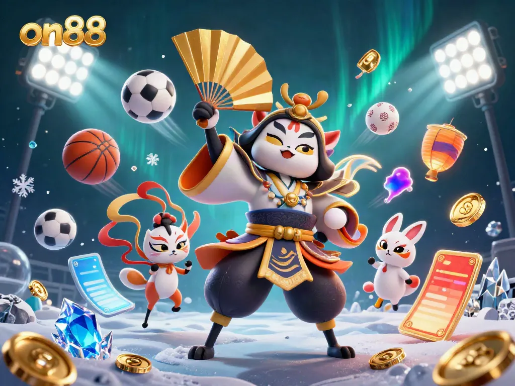 Experience immersive action at on88 with a lively 3D illustration featuring kabuki warriors and sports elements.