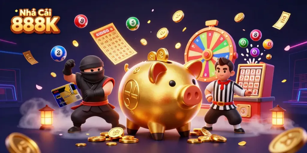 Engage with the exciting world of Nhà Cái 888K through a dynamic casino scene bursting with colorful lottery elements and vibrant characters.
