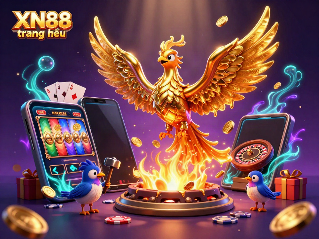 Experience thrilling gaming with XN88 trang chủ as a molten phoenix transforms into golden coins in an engaging casino scene.
