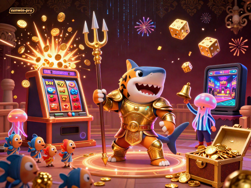Experience the thrilling jackpot excitement of sunwin-pro with a dynamic underwater casino illustration showcasing vibrant slot machine elements.