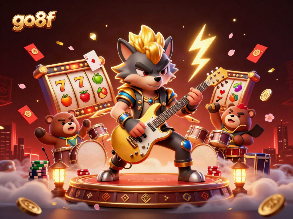 Engage with go8f as the rock star wolf performs epic slots actions on a vibrant casino stage.