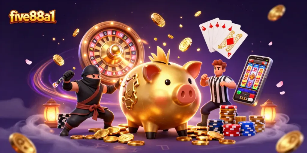Engage in thrilling gaming at five88a1 with a lively 3D illustration showcasing a golden piggy bank sumo wrestler, coins, and cards.