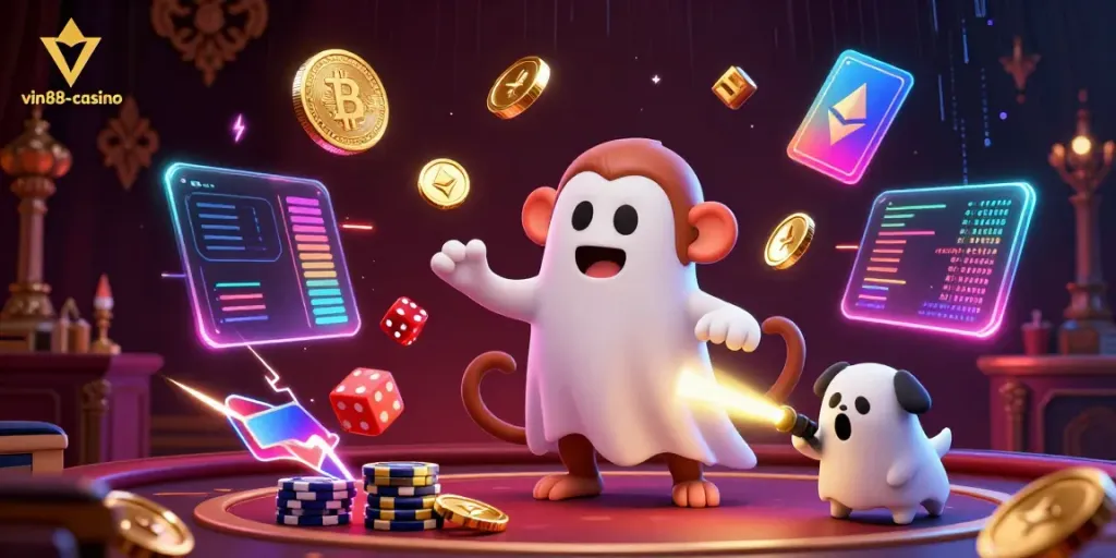 Experience the thrills of vin88-casino with a playful monkey and a curious puppy in a haunted casino environment.