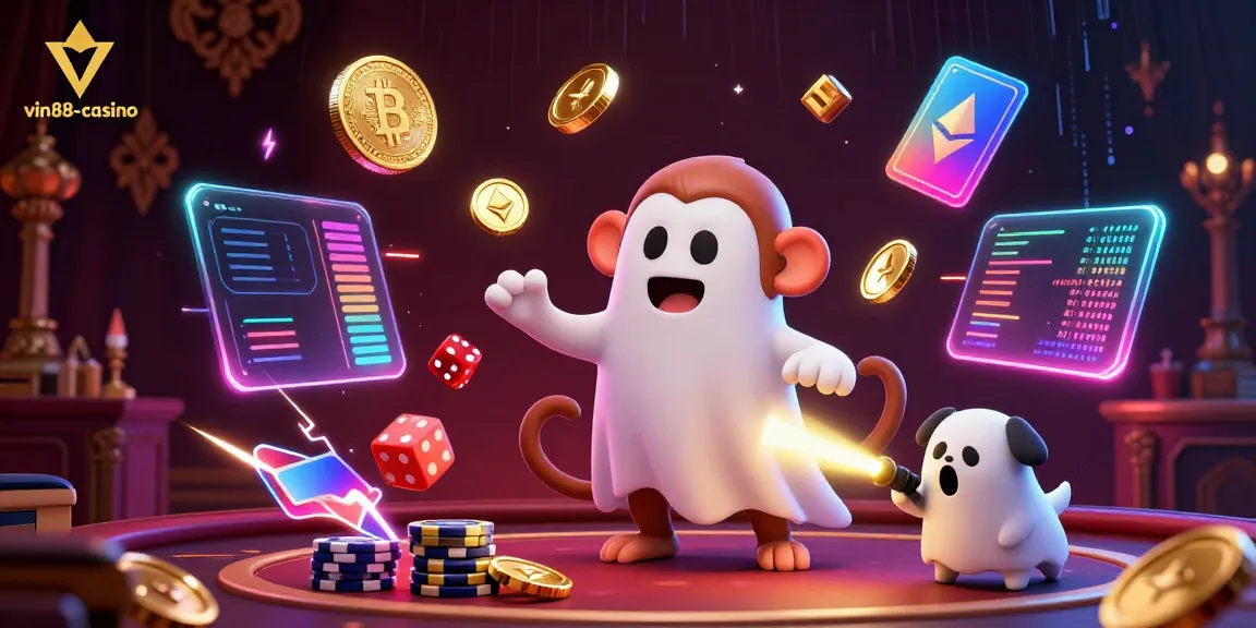 Experience the thrills of vin88-casino with a playful monkey and a curious puppy in a haunted casino environment.