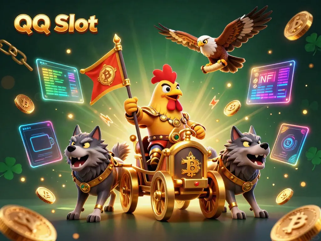 Experience QQ Slot in a vibrant 3D cartoon scene with a rooster warlord, golden coins, and neon blockchain elements.