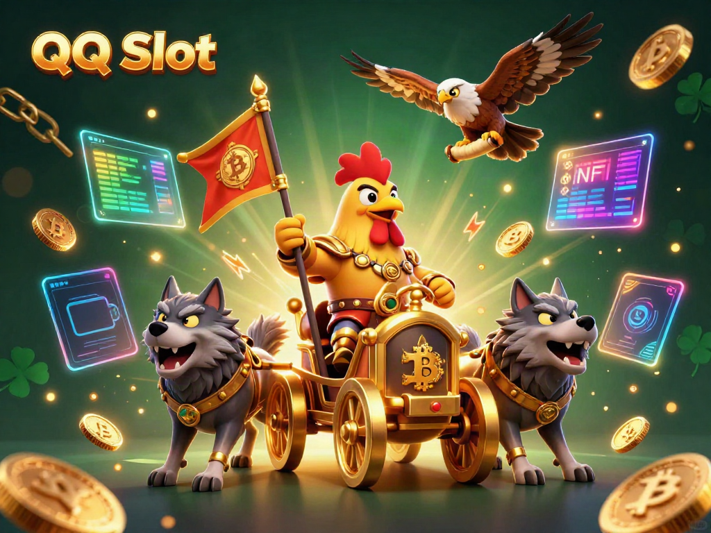 Experience QQ Slot in a vibrant 3D cartoon scene with a rooster warlord, golden coins, and neon blockchain elements.