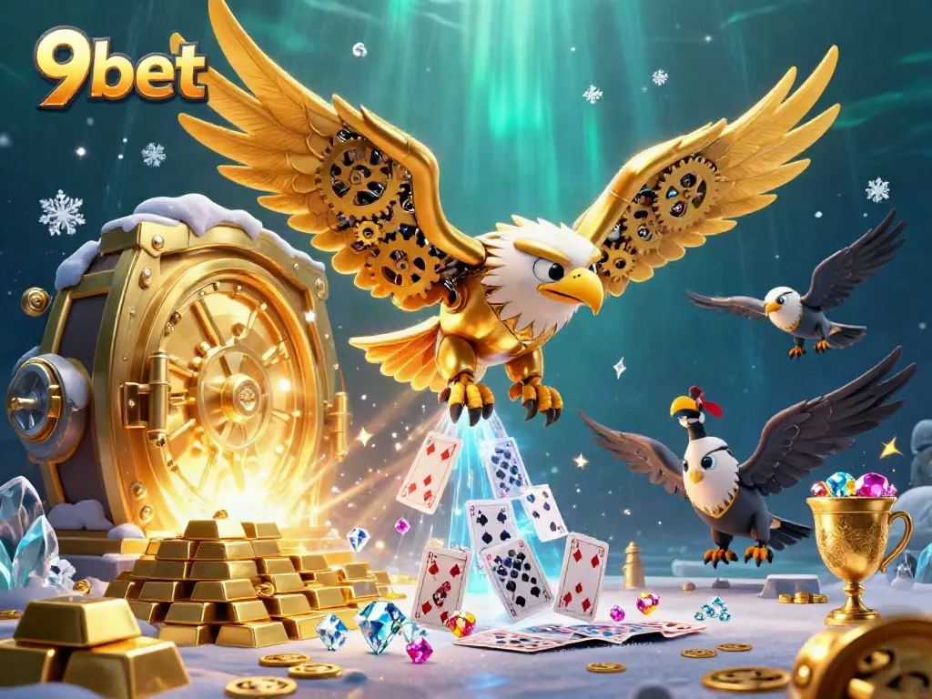 Experience 9bet excitement with a golden eagle and treasure in a vibrant casino scene.