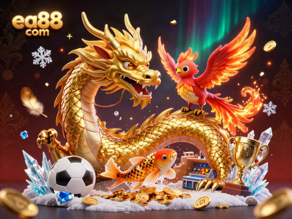 Experience thrilling action with ea88 com, featuring a majestic dragon, phoenix, and koi fish amidst sports betting excitement.