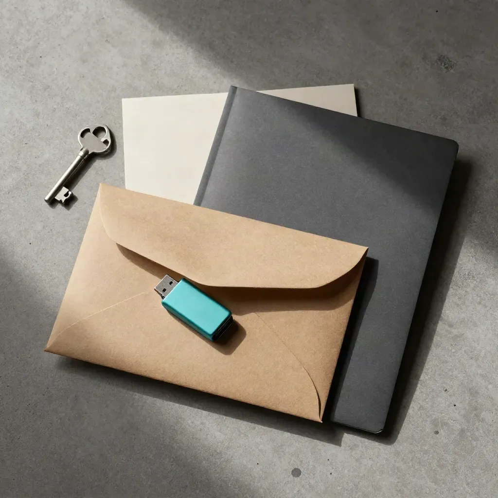 Koperta kurierska, pendrive i teczka na betonowym tle, ułożone w eleganckiej kompozycji.