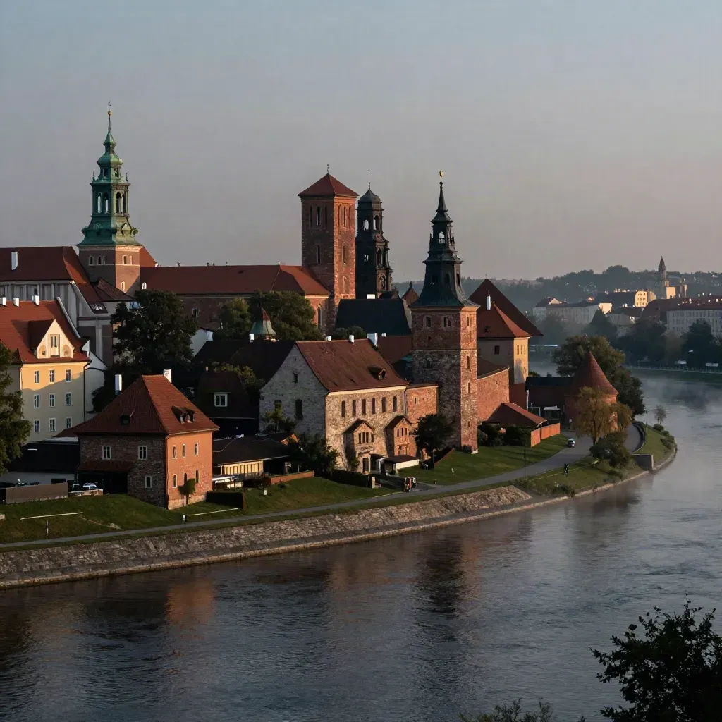 Wawel nad Wisłą w złotej mgle, z dachami Krakowa i spokojną przestrzenią u dołu.
