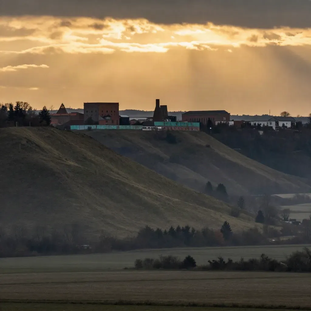 Panorama Śląska z zalesionymi wzgórzami, ceglanymi kominami i mgłą nad miastem.