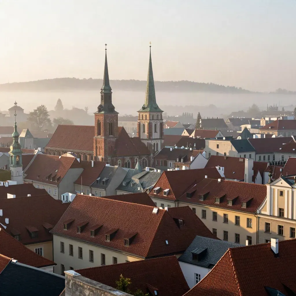 Poznań stare miasto z wieżami kościołów nad poranną mgłą, widok z góry