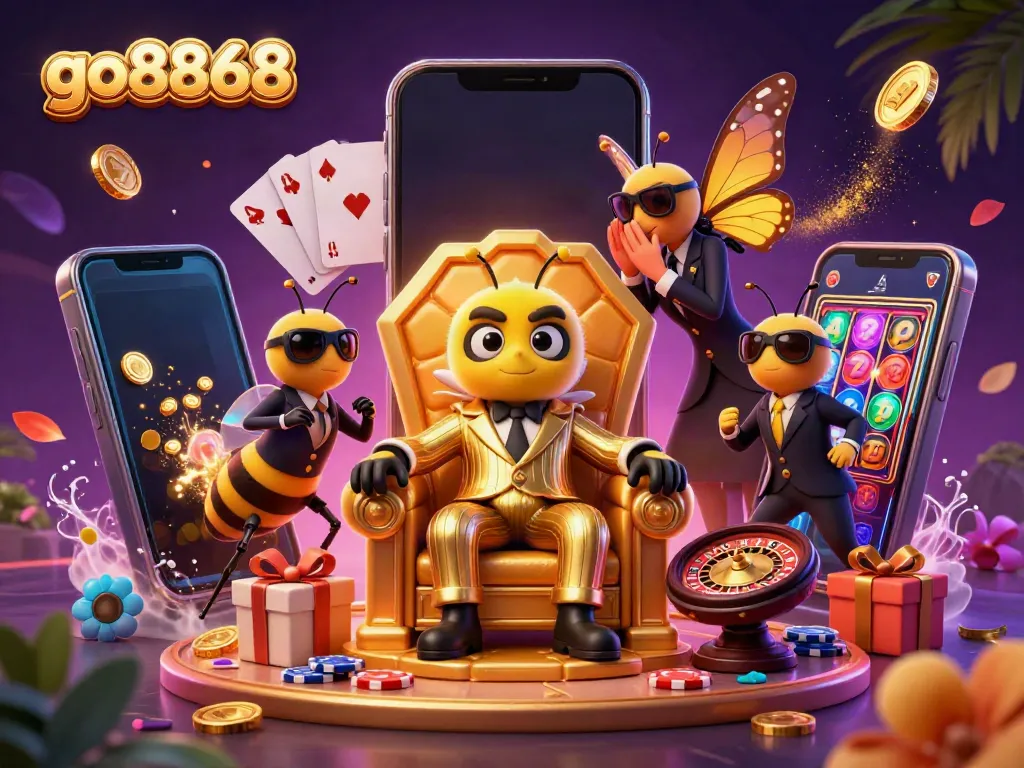 Engage in thrilling gaming at go8868 with vibrant slot games, golden coins, and a bumblebee mob boss.
