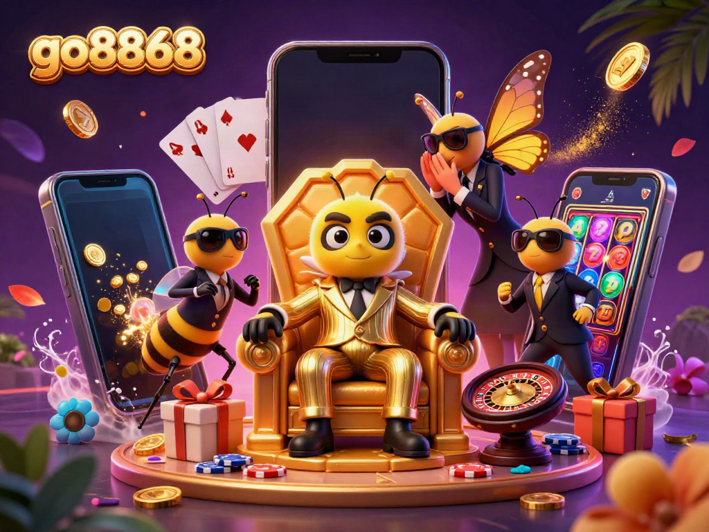 Engage in thrilling gaming at go8868 with vibrant slot games, golden coins, and a bumblebee mob boss.