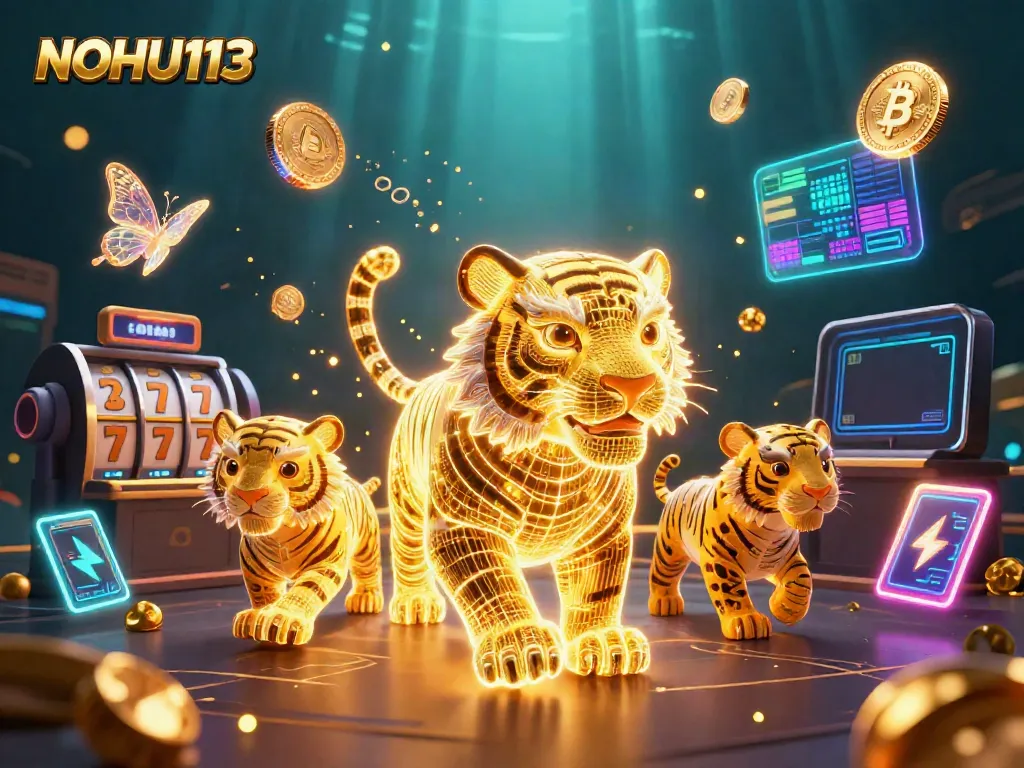 Experience thrilling gameplay with NOHU113's vibrant casino universe featuring a neon tiger and dynamic elements.