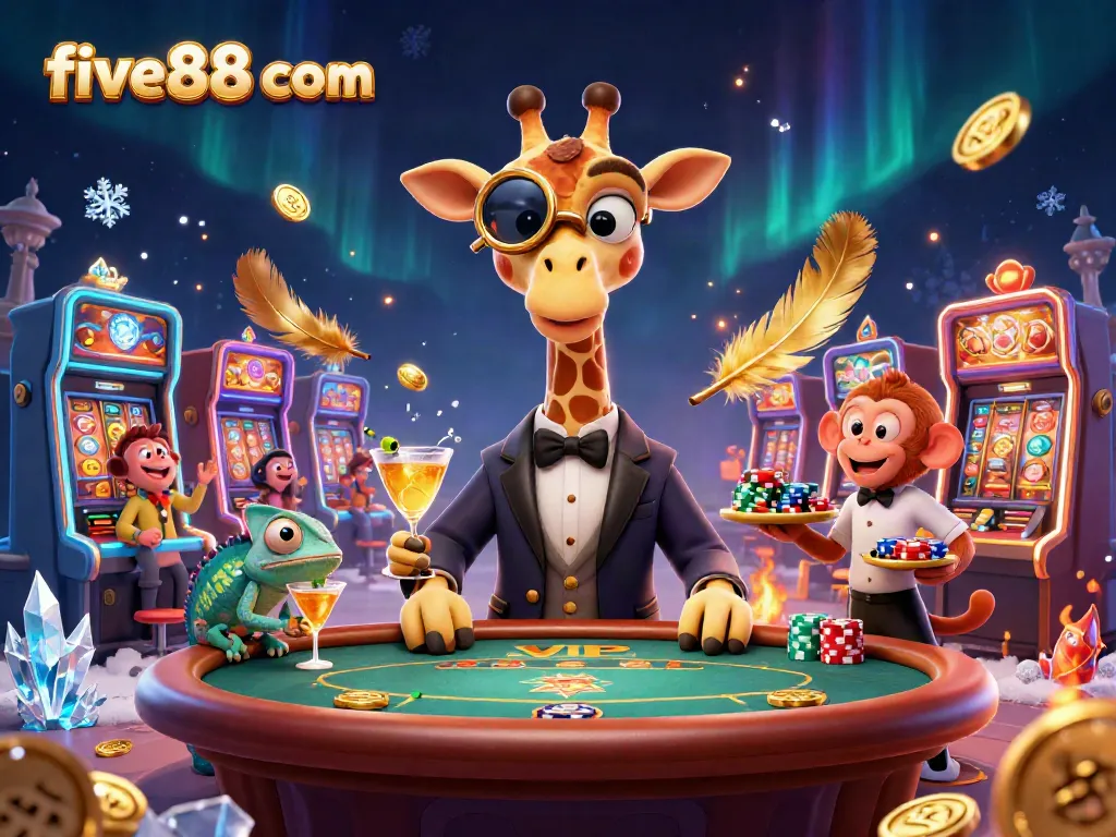 Experience the excitement of five88 com with a high-roller giraffe and casino elements in a dazzling 3D scene.
