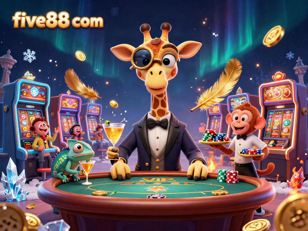 Experience the excitement of five88 com with a high-roller giraffe and casino elements in a dazzling 3D scene.