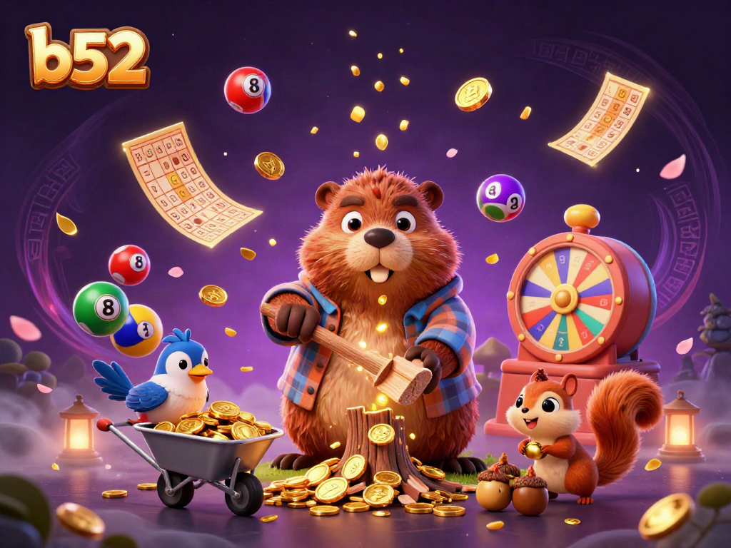 A thrilling b52 gaming scene with a beaver, bird, and squirrel amid golden coins, lottery elements, and vibrant colors