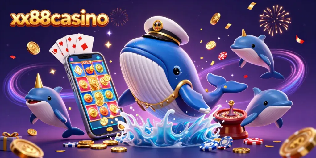 Experience the excitement of xx88casino with a vibrant 3D scene of playful casino characters and action.