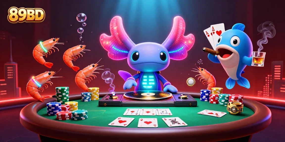 Experience vibrant casino excitement with 89BD's animated axolotl DJ and poker elements.