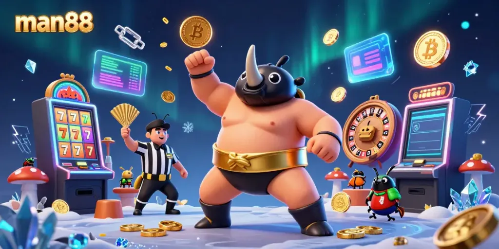 man88 online casino scene featuring a rhinoceros beetle sumo champion amidst dynamic slot machines and flying coins.