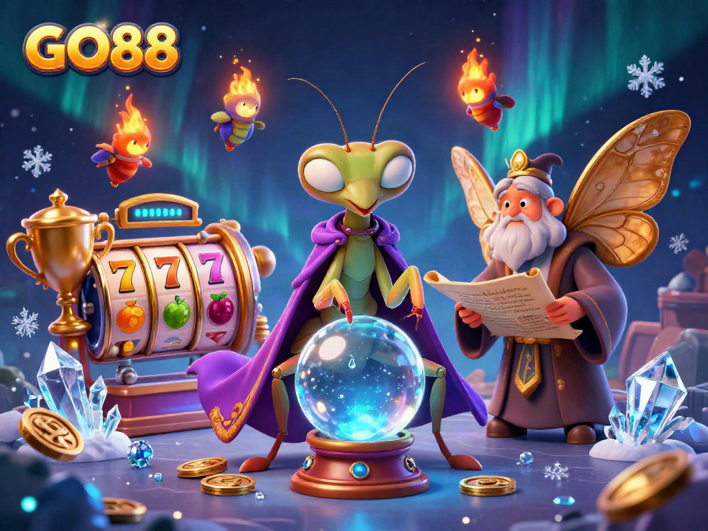 Engage with GO88 while exploring a vibrant casino environment with dynamic slot reels and mystical characters.