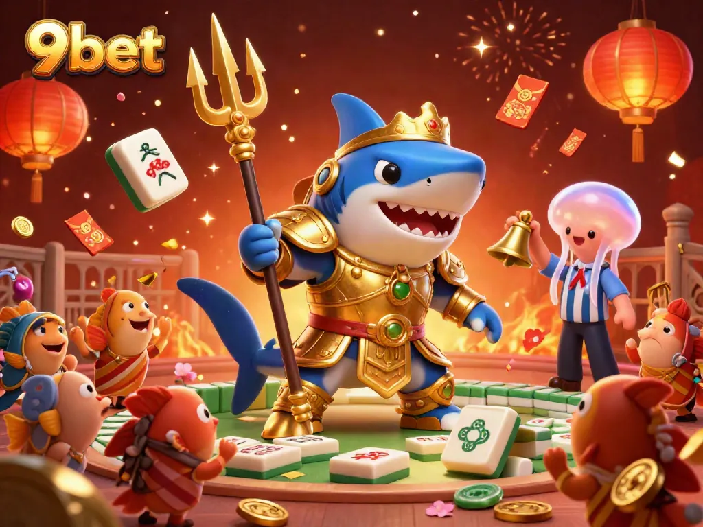 Join the vibrant underwater casino adventure with 9bet's tiger shark champion in golden armor.