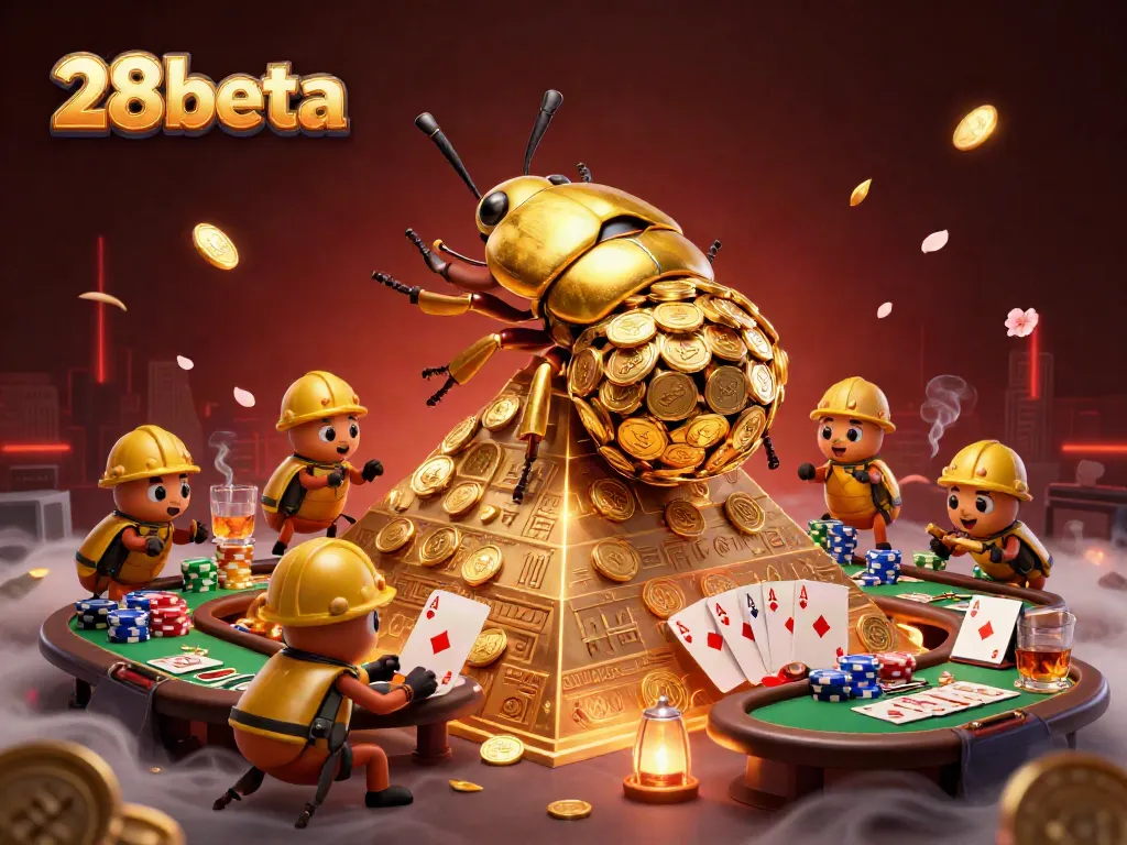 Experience thrilling gameplay at 28beta with a golden dung beetle rolling coins, poker tables, and vibrant casino elements.