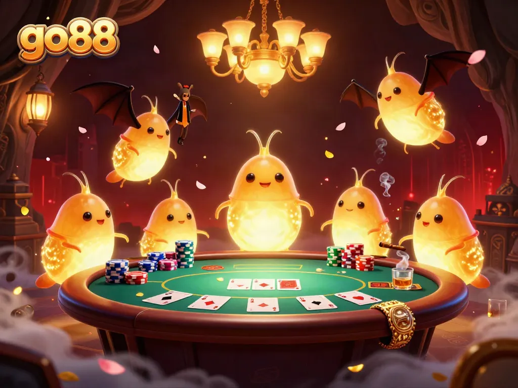 Experience go88's vibrant casino scene with luminescent glowworms and dynamic poker action.
