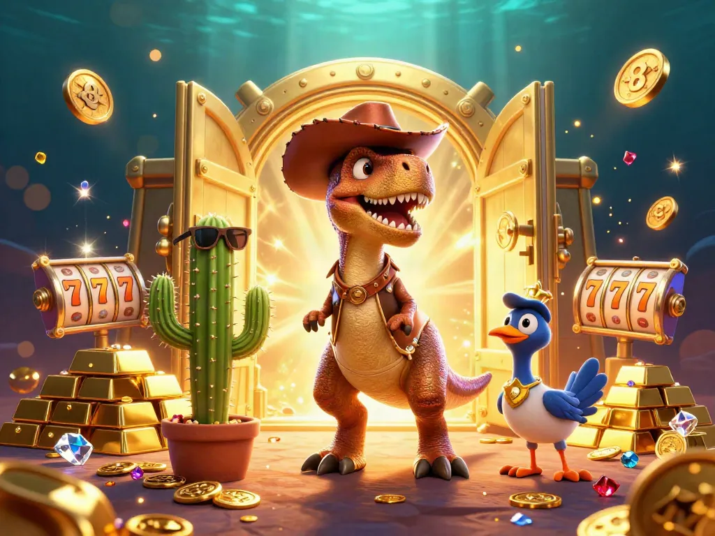 Engage with tx88 casino excitement featuring a T-Rex, cactus sidekick, and roadrunner in a vibrant setting.