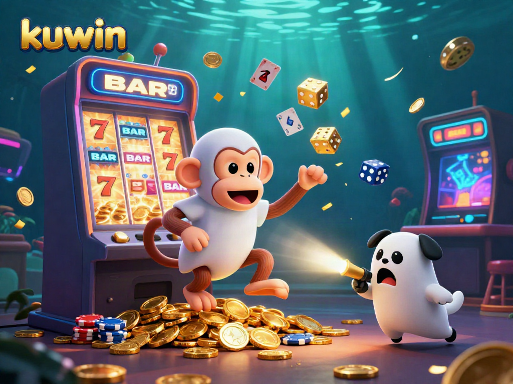 Kuwin's vibrant casino scene shows a playful poltergeist monkey juggling coins and a ghost-hunter puppy tracking it amidst a jackpot explosion.