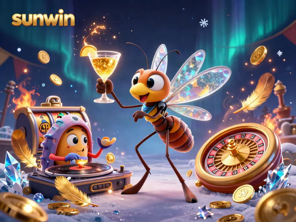 Engage with sunwin's vibrant casino experience featuring a dynamic scene with lively characters and casino elements.