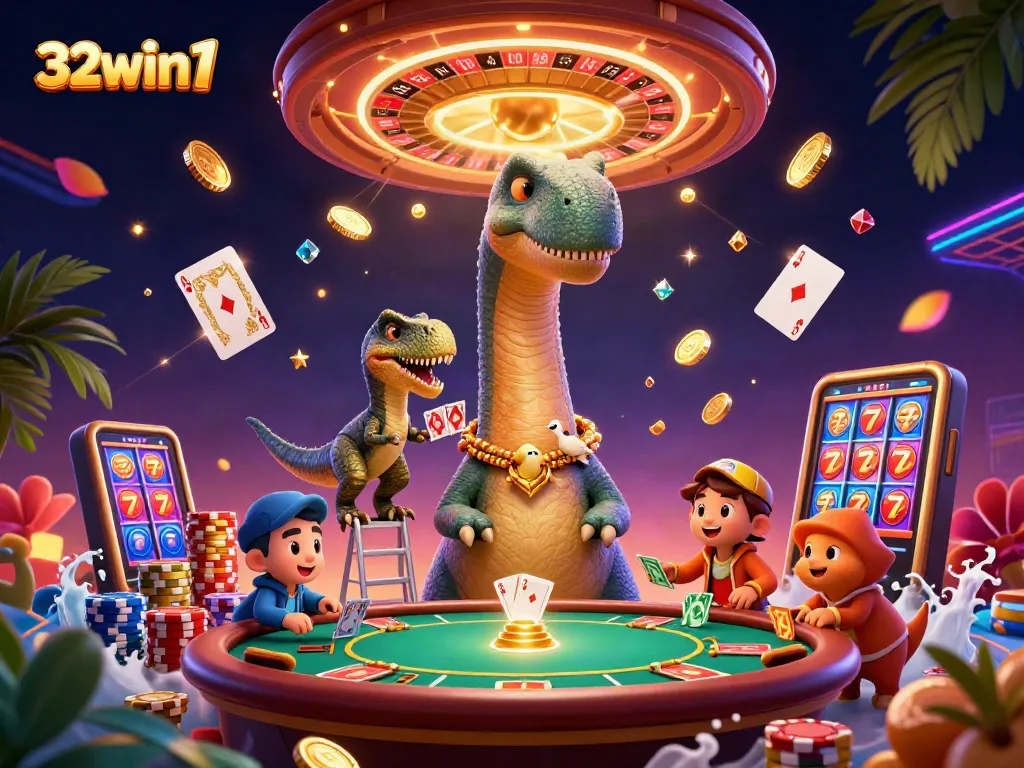 Experience thrilling action at 32win1 with a cartoon dinosaur overseeing a vibrant casino scene.