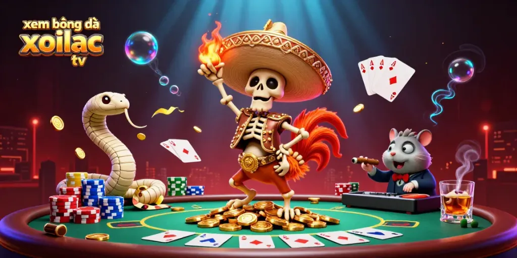 Experience xem bóng đá xoilac tv action with vibrant 3D characters, gold coins and poker elements in rich detail.