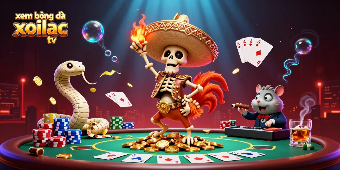Experience xem bóng đá xoilac tv action with vibrant 3D characters, gold coins and poker elements in rich detail.