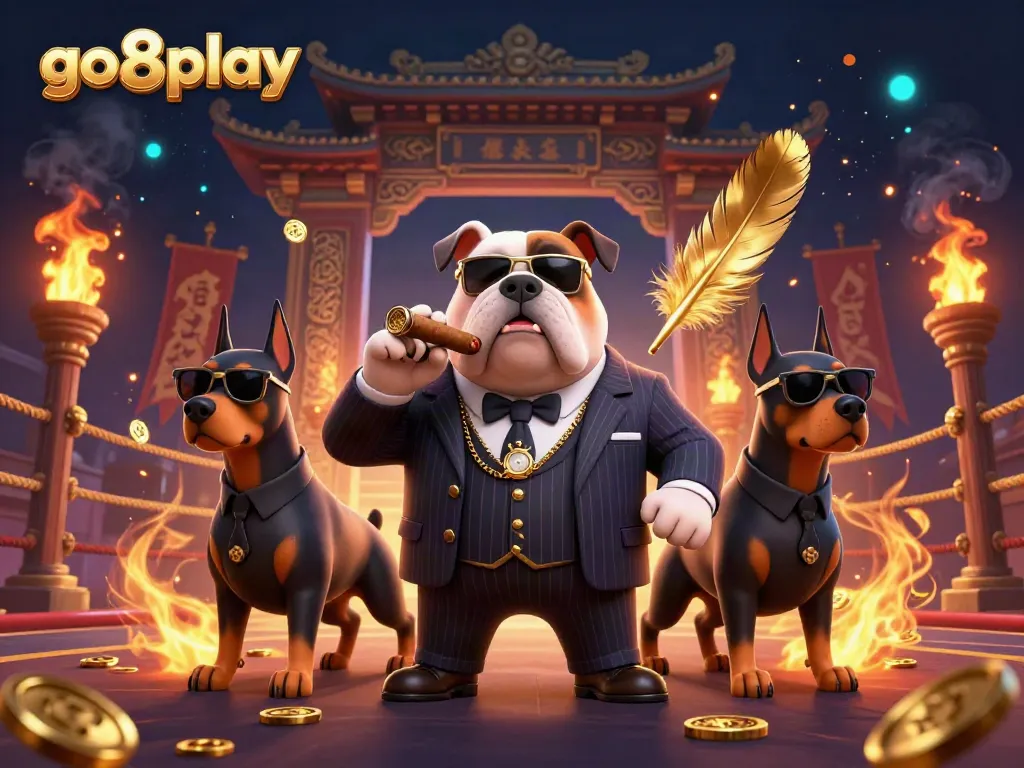 Experience thrilling action with the go8play mafia boss bulldog and bodyguard Dobermans in a colorful casino scene.