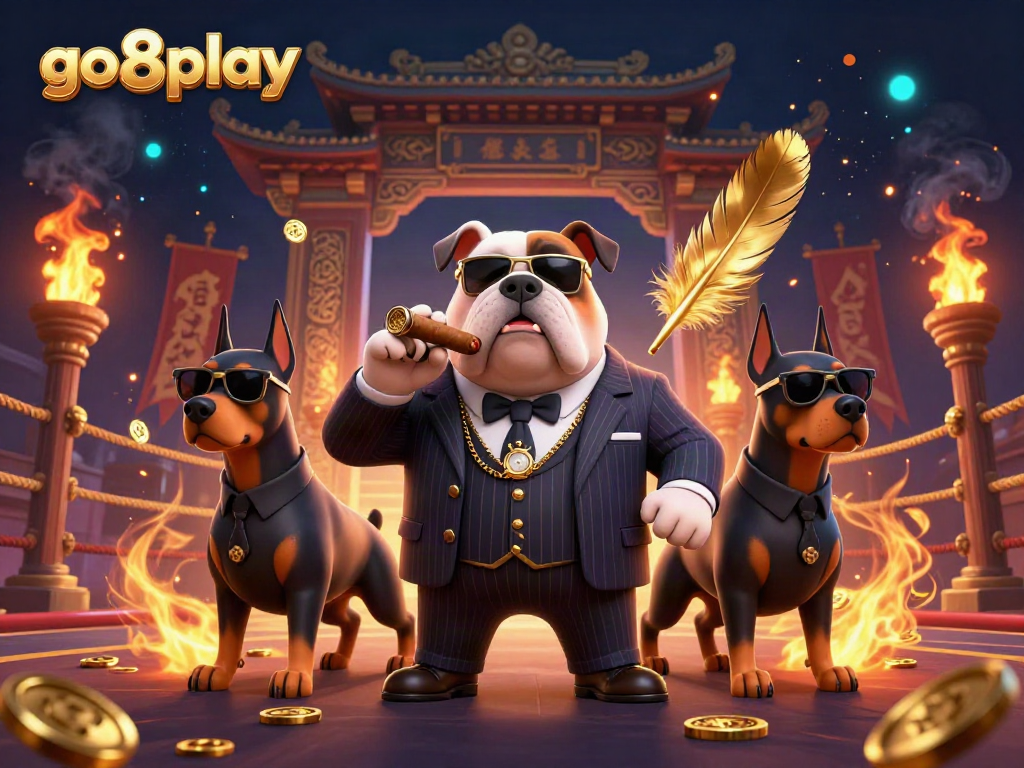Experience thrilling action with the go8play mafia boss bulldog and bodyguard Dobermans in a colorful casino scene.