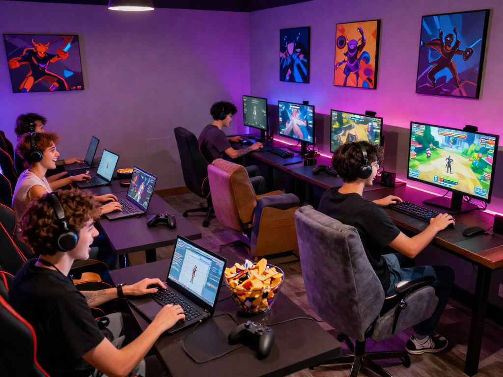 Players enjoying games on GARUDA404 platform in an energetic gaming lounge.